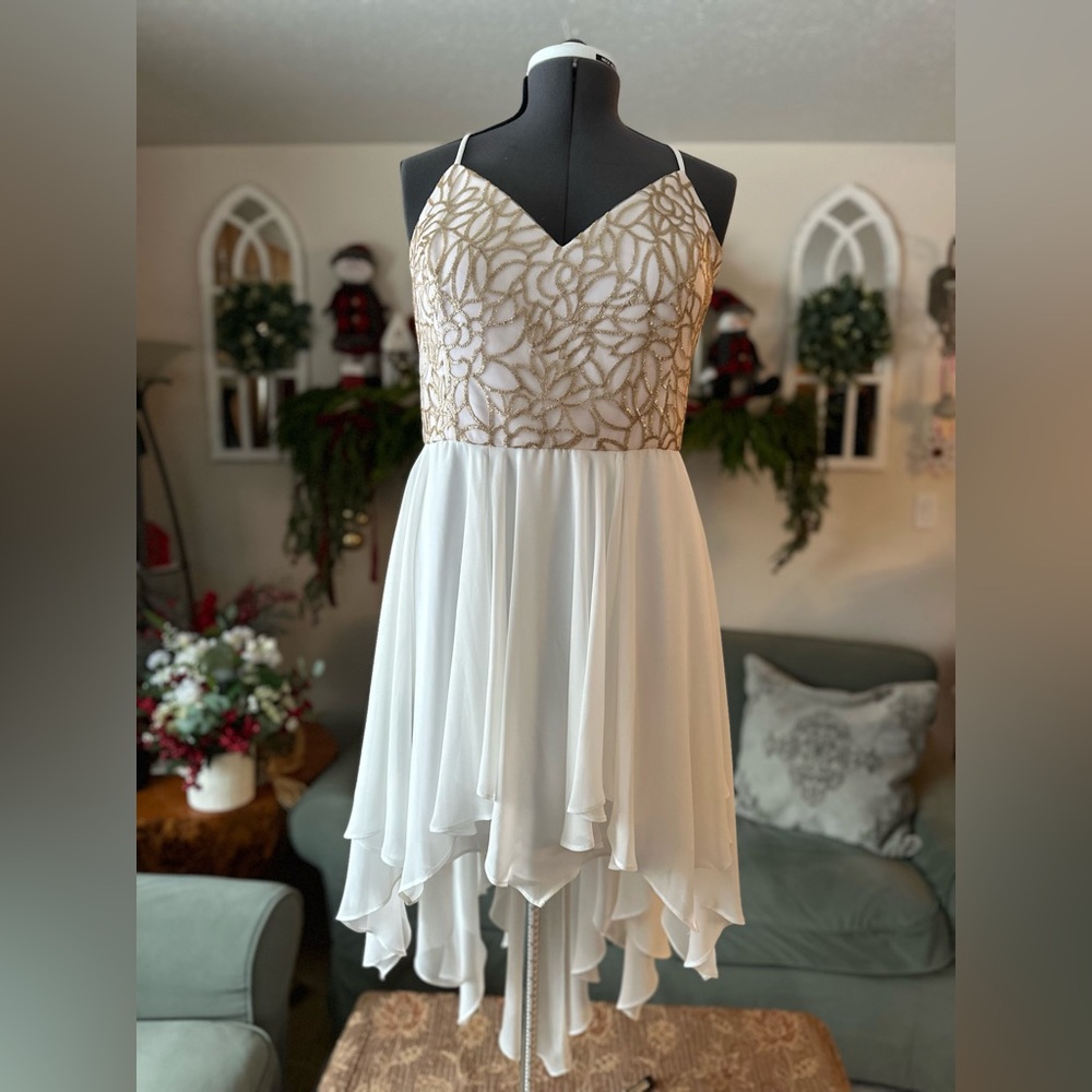Le Chateau White and Gold High-Low Dress